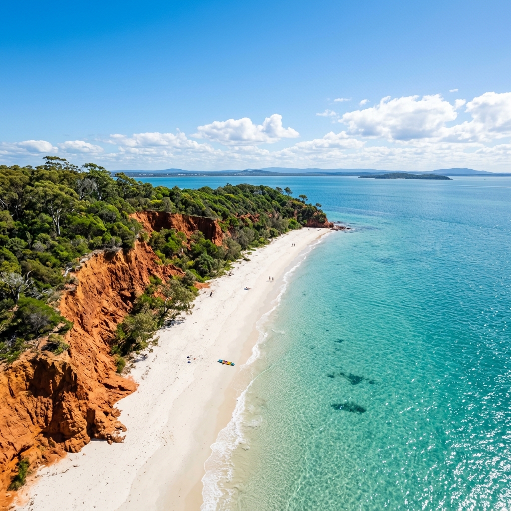 Coochiemudlo Island beach with ochre red cliffs